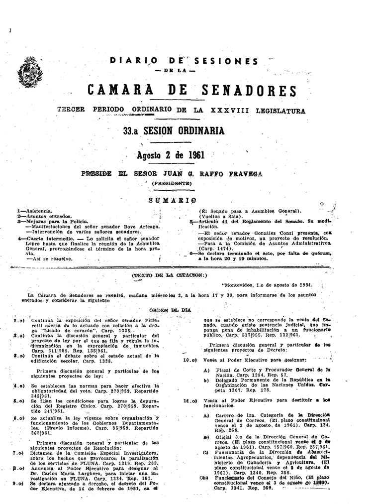 DIARIO DE SESIONES DE LA CAMARA DE SENADORES del 02/08/1961